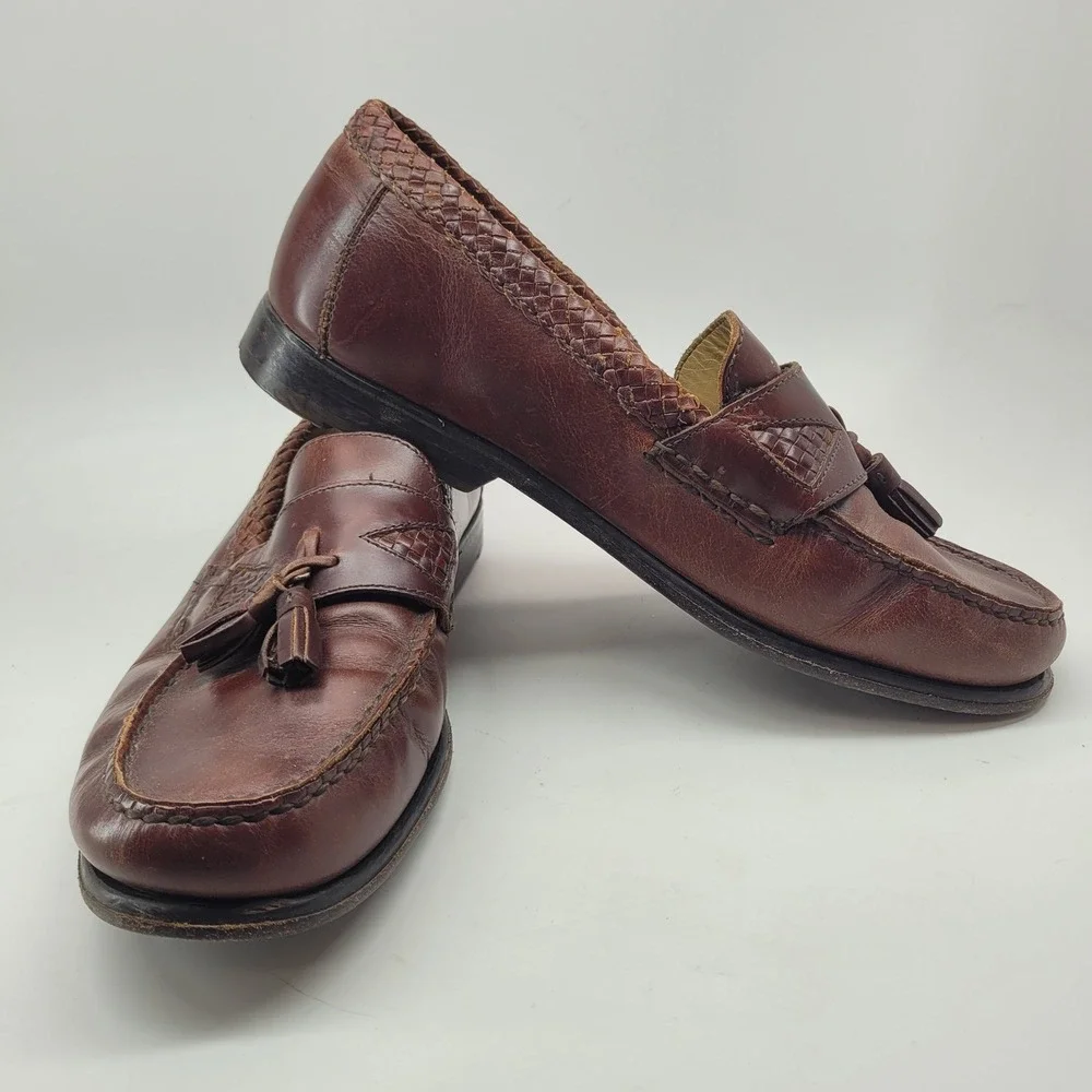 Johnston Murphy Mens 10M Brown Leather Tassel Loafers Woven Trim Dress Shoes